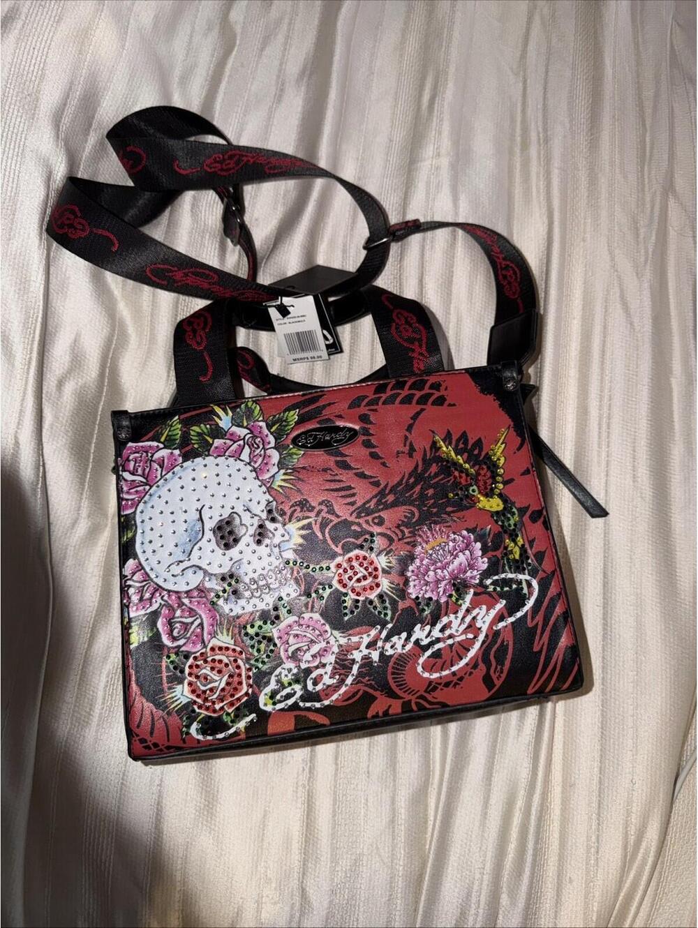Ed Hardy Tote Bag Purse w/ Crossbody Strap Black - Skull and Rose